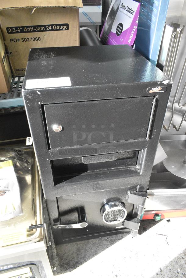 BRAND NEW SCRATCH AND DENT! Office Furniture 360 Black Metal Single Compartment Drop Safe. - Image 1 of 6