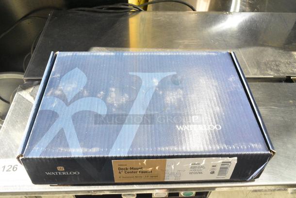 3 BRAND NEW SCRATCH AND DENT! 750FD44G Waterloo Deck Mount Faucet with 3 1/2" Gooseneck Spout and 4" Centers. 3 Times Your Bid! - Image 3 of 5