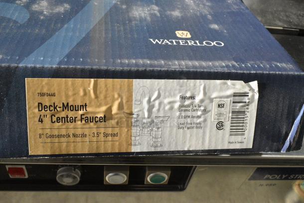 3 BRAND NEW SCRATCH AND DENT! 750FD44G Waterloo Deck Mount Faucet with 3 1/2" Gooseneck Spout and 4" Centers. 3 Times Your Bid! - Image 4 of 5