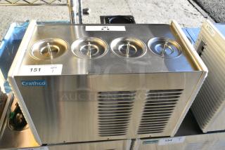 BRAND NEW SCRATCH AND DENT! 2021 Crathco E47/E49-4 Stainless Steel Commercial Countertop 4 Section Refrigerated Beverage Machine Base. 115 Volts, 1 Phase. Tested and Working!