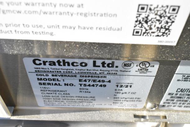 BRAND NEW SCRATCH AND DENT! 2021 Crathco E47/E49-4 Stainless Steel Commercial Countertop 4 Section Refrigerated Beverage Machine Base. 115 Volts, 1 Phase. Tested and Working! - Image 4 of 4