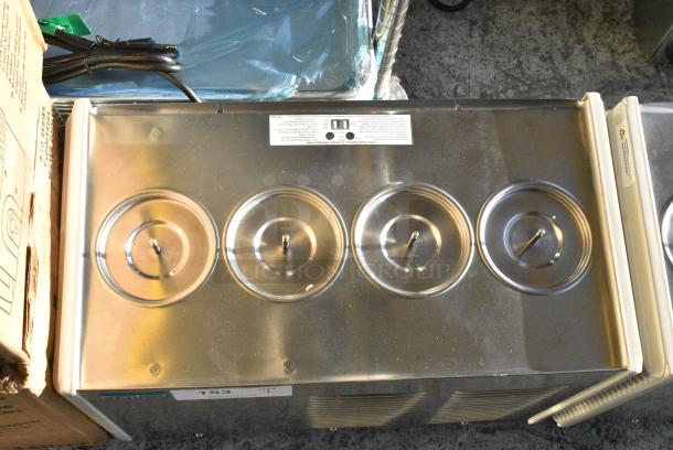 BRAND NEW SCRATCH AND DENT! 2021 Crathco E47/E49-4 Stainless Steel Commercial Countertop 4 Section Refrigerated Beverage Machine Base. 115 Volts, 1 Phase. Tested and Working! - Image 3 of 4