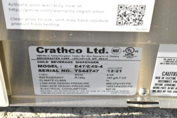 BRAND NEW SCRATCH AND DENT! 2021 Crathco E47/E49-4 Stainless Steel Commercial Countertop 4 Section Refrigerated Beverage Machine Base. 115 Volts, 1 Phase. Tested and Working! - Image 4 of 4