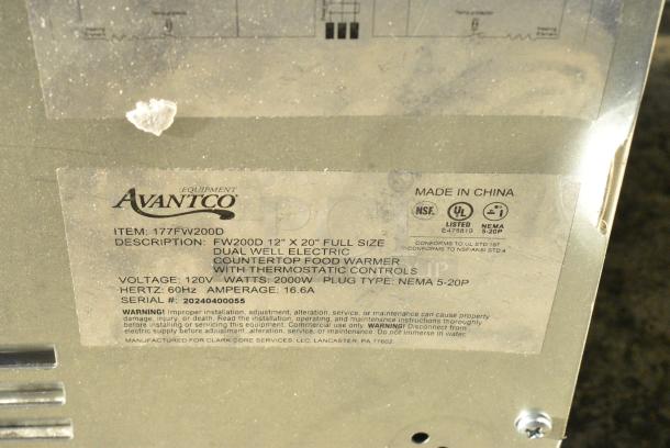 BRAND NEW SCRATCH AND DENT! 2024 Avantco 177FW200D Stainless Steel 12" x 20" Full Size Dual Well Electric Countertop Food Warmer with Thermostatic Controls. 120 Volts, 1 Phase. Tested and Working! - Image 5 of 5