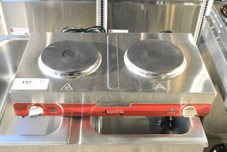 BRAND NEW SCRATCH AND DENT! Avantco 177EB202SBSM Double Burner Solid Top Stainless Steel Portable Electric Side-by-Side Hot Plate. 240 Volts, 1 Phase.