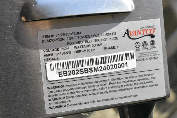 BRAND NEW SCRATCH AND DENT! Avantco 177EB202SBSM Double Burner Solid Top Stainless Steel Portable Electric Side-by-Side Hot Plate. 240 Volts, 1 Phase. - Image 4 of 4