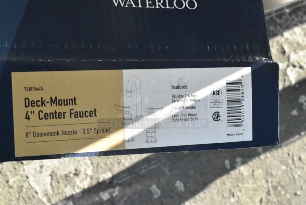 3 BRAND NEW SCRATCH AND DENT! 750FD44G Waterloo Deck Mount Faucet with 3 1/2" Gooseneck Spout and 4" Centers. 3 Times Your Bid! - Image 3 of 4