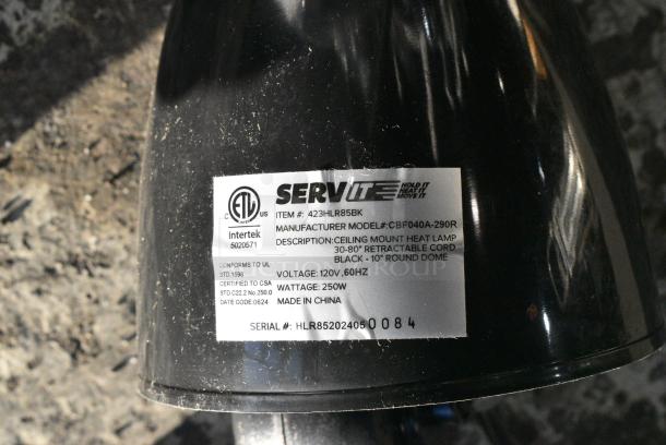 BRAND NEW SCRATCH AND DENT! ServIt 423HLR85BK Retractable Cord Ceiling Mount Heat Lamp with Modern Black Finish Round Dome Shade. 120 Volts, 1 Phase. - Image 2 of 3