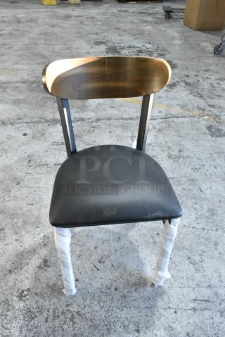 4 BRAND NEW SCRATCH AND DENT! Lancaster Table & Seating Black Metal Dining Height Chair w/ Black Seat Cushion and Wooden Back Rest. 4 Times Your Bid!