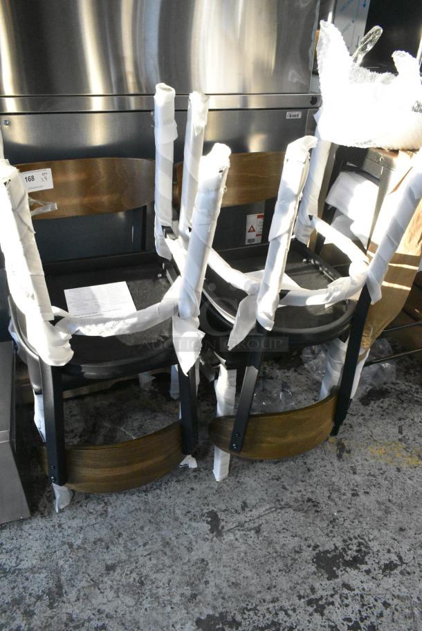 4 BRAND NEW SCRATCH AND DENT! Lancaster Table & Seating Black Metal Dining Height Chair w/ Black Seat Cushion and Wooden Back Rest. 4 Times Your Bid! - Image 2 of 3