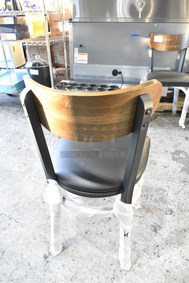 4 BRAND NEW SCRATCH AND DENT! Lancaster Table & Seating Black Metal Dining Height Chair w/ Black Seat Cushion and Wooden Back Rest. 4 Times Your Bid! - Image 3 of 3