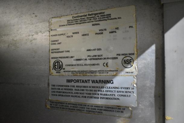 Continental Stainless Steel Commercial Pizza Prep Table w/ 2 Drawers and 2 Doors. 115 Volts, 1 Phase. Tested and Working! - Image 7 of 7