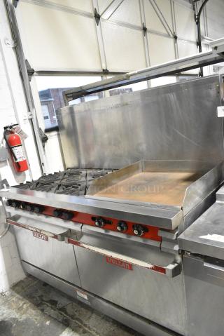 Vulcan 60FTL Stainless Steel Commercial Propane Gas Powered 6 Burner Range w/ Right Side Flat Top Griddle, 2 Ovens and Back Splash.