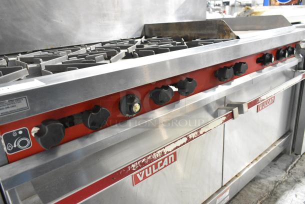 Vulcan 60FTL Stainless Steel Commercial Propane Gas Powered 6 Burner Range w/ Right Side Flat Top Griddle, 2 Ovens and Back Splash. - Image 5 of 9