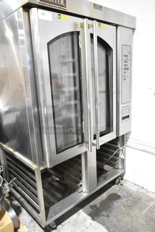 Baxter Stainless Steel Commercial Natural Gas Powered Mini Rotating Rack Oven on Pan Rack w/ Commercial Casters.