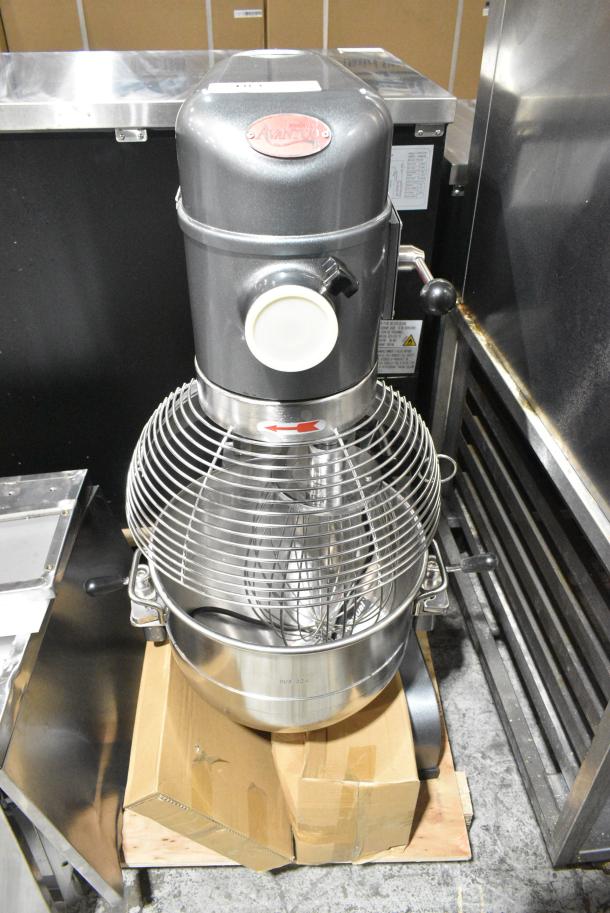 BRAND NEW SCRATCH AND DENT! Avantco MX30H Metal Commercial Floor Style 30 Quart Planetary Dough Mixer w/ Stainless Steel Bowl, Bowl Guard, Whisk, Paddle Attachments. 120 Volts, 1 Phase. Tested and Power On But Parts Do Not Move. Upper Drive Pully Is Broken, Will Work If Replaced - Image 1 of 7
