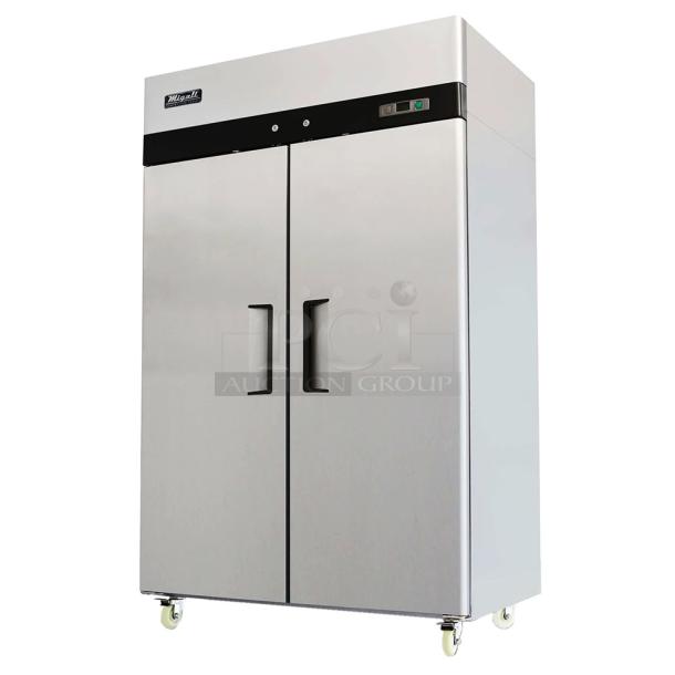 BRAND NEW SCRATCH AND DENT! 2023 Migali C-2F-HC Stainless Steel Commercial 2 Door Reach In Freezer w/ Poly Coated Racks on Commercial Casters. Serial  C-2F-HC003230311092C0017. 115 Volts, 1 Phase. Tested and Working! - Image 1 of 7