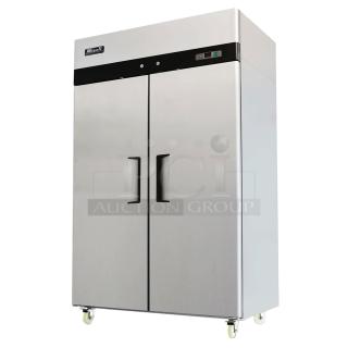 BRAND NEW SCRATCH AND DENT! 2023 Migali C-2F-HC Stainless Steel Commercial 2 Door Reach In Freezer w/ Poly Coated Racks on Commercial Casters. Serial  C-2F-HC003230311092C0017. 115 Volts, 1 Phase. Tested and Working!