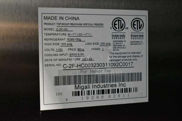 BRAND NEW SCRATCH AND DENT! 2023 Migali C-2F-HC Stainless Steel Commercial 2 Door Reach In Freezer w/ Poly Coated Racks on Commercial Casters. Serial  C-2F-HC003230311092C0017. 115 Volts, 1 Phase. Tested and Working! - Image 7 of 7