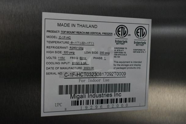 BRAND NEW SCRATCH AND DENT! 2023 Migali C-1F-HC Stainless Steel Commercial Single Door Reach In Freezer w/ Poly Coated Racks on Commercial Casters. Serial C-1F-HCT03230817092T0009. 115 Volts, 1 Phase. Tested and Working! - Image 6 of 6