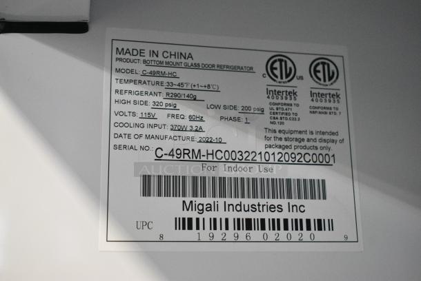 BRAND NEW SCRATCH AND DENT! 2022 Migali C-49RM-HC Metal Commercial 2 Door Reach In Cooler Merchandiser w/ Poly Coated Racks on Commercial Casters. Serial C-49RM-HC003221012092C0001. 115 Volts, 1 Phase. Tested and Working! - Image 7 of 7