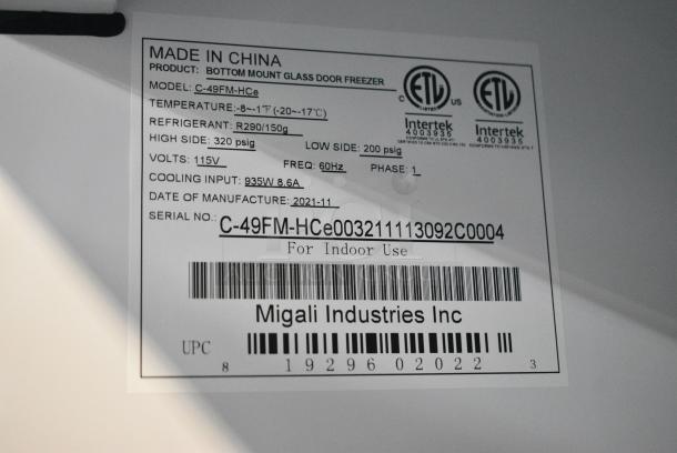 BRAND NEW SCRATCH AND DENT! 2021 Migali C-49RM-HC Metal Commercial 2 Door Reach In Cooler Merchandiser w/ Poly Coated Racks on Commercial Casters. Serial C-49RM-HCe003211113092C0004. 115 Volts, 1 Phase. Tested and Working! - Image 7 of 7