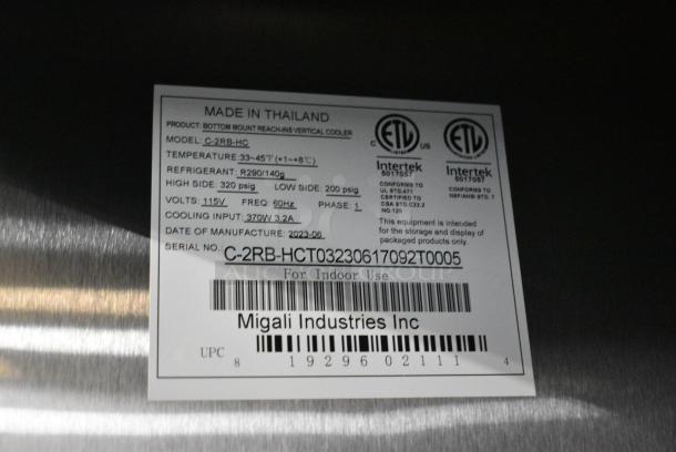 BRAND NEW SCRATCH AND DENT!  2023 Migali C-2RB-HC Stainless Steel Commercial 2 Door Reach In Cooler w/ Poly Coated Racks on Commercial Casters. Serial C-2RB-HCT03230617092T0005. 115 Volts, 1 Phase. Tested and Working! - Image 8 of 8