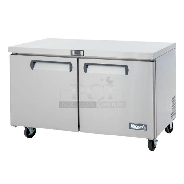 BRAND NEW SCRATCH AND DENT! 2018 Migali C-U60F-HC Stainless Steel Commercial 2 Door Undercounter Cooler on Commercial Casters. Serial C-U60F-HC00318081700920018. 115 Volts, 1 Phase. Tested and Working! - Image 1 of 7