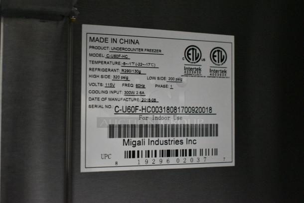 BRAND NEW SCRATCH AND DENT! 2018 Migali C-U60F-HC Stainless Steel Commercial 2 Door Undercounter Cooler on Commercial Casters. Serial C-U60F-HC00318081700920018. 115 Volts, 1 Phase. Tested and Working! - Image 7 of 7