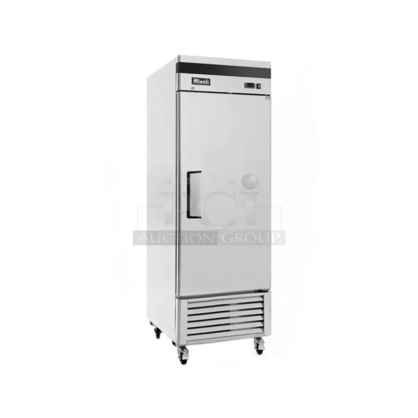 BRAND NEW SCRATCH AND DENT! 2023 Migali C-1FB-HC Stainless Steel Commercial Single Door Reach In Cooler w/ Poly Coated Racks on Commercial Casters. Serial C-1FB-HCT03230617092T0003. 115 Volts, 1 Phase. Tested and Working! - Image 1 of 6