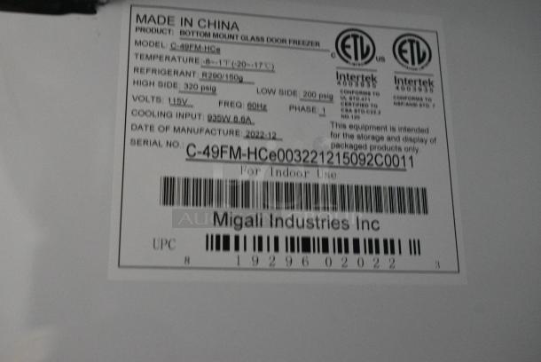 BRAND NEW SCRATCH AND DENT! 2022 Migali C-49FM-HCe Metal Commercial 2 Door Reach In Freezer Merchandiser w/ Poly Coated Racks on Commercial Casters. Serial C-49FM-HCe003221215092C0011. 115 Volts, 1 Phase. Tested and Working! - Image 7 of 7