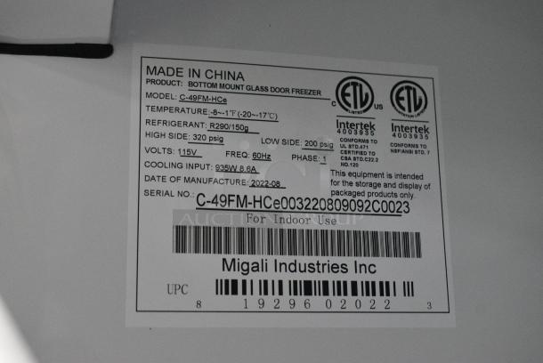 BRAND NEW SCRATCH AND DENT! 2022 Migali C-49FM-HCe Metal Commercial 2 Door Reach In Freezer Merchandiser w/ Poly Coated Racks on Commercial Casters. Serial C-49FM-HCe003220809092C0023. 115 Volts, 1 Phase. Tested and Working! - Image 7 of 7