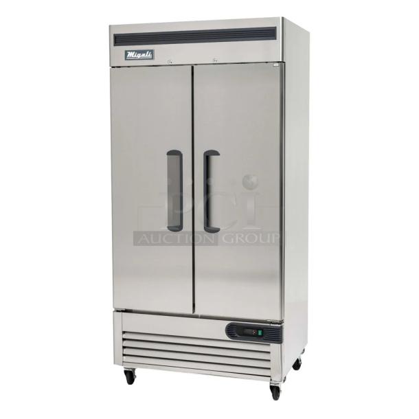 BRAND NEW SCRATCH AND DENT! 2023 Migali C-2FB-HC Stainless Steel Commercial 2 Door Reach In Cooler w/ Poly Coated Racks on Commercial Casters. Serial C-2FB-HC003230825092C0002. 115 Volts, 1 Phase. Tested and Working! - Image 1 of 8