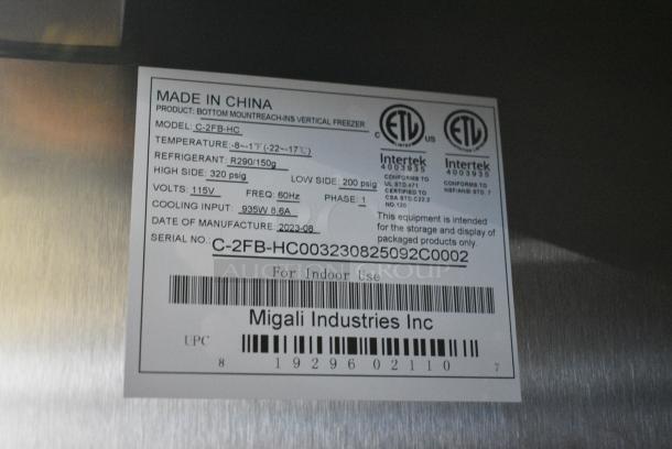 BRAND NEW SCRATCH AND DENT! 2023 Migali C-2FB-HC Stainless Steel Commercial 2 Door Reach In Cooler w/ Poly Coated Racks on Commercial Casters. Serial C-2FB-HC003230825092C0002. 115 Volts, 1 Phase. Tested and Working! - Image 8 of 8