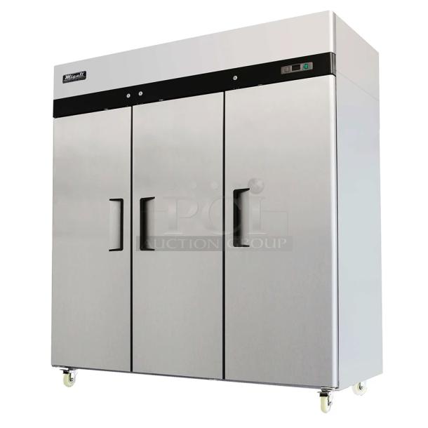 BRAND NEW SCRATCH AND DENT! 2022 Migali C-3F-HC Stainless Steel Commercial 3 Door Reach In Freezer w/ Poly Coated Racks on Commercial Casters. Serial  C-3F-HC003220525092C0016. 115 Volts, 1 Phase. Cannot Test Due To Plug Style - Image 1 of 8