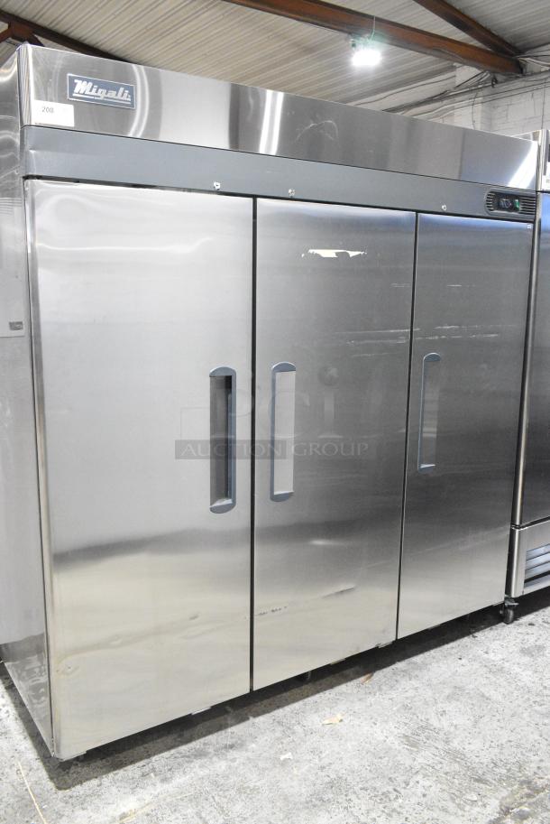 BRAND NEW SCRATCH AND DENT! 2022 Migali C-3F-HC Stainless Steel Commercial 3 Door Reach In Freezer w/ Poly Coated Racks on Commercial Casters. Serial  C-3F-HC003220525092C0016. 115 Volts, 1 Phase. Cannot Test Due To Plug Style - Image 2 of 8