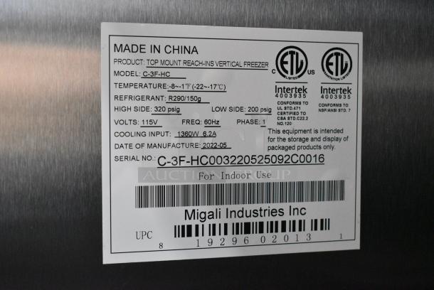 BRAND NEW SCRATCH AND DENT! 2022 Migali C-3F-HC Stainless Steel Commercial 3 Door Reach In Freezer w/ Poly Coated Racks on Commercial Casters. Serial  C-3F-HC003220525092C0016. 115 Volts, 1 Phase. Cannot Test Due To Plug Style - Image 8 of 8