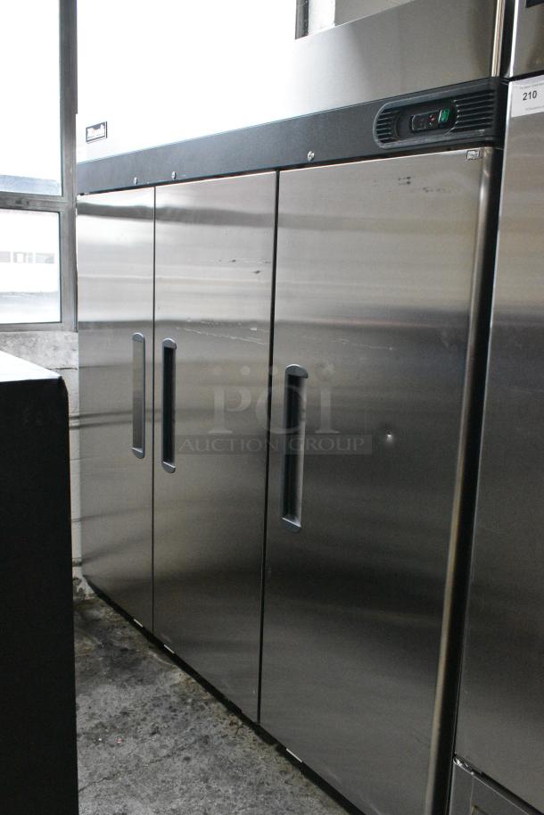 BRAND NEW SCRATCH AND DENT!  2023 Migali C-3F-HC Stainless Steel Commercial 3 Door Reach In Freezer w/ Poly Coated Racks on Commercial Casters. Serial  C-3F-HC003230505092C0004. 115 Volts, 1 Phase. Cannot Test Due To Plug Style - Image 2 of 8