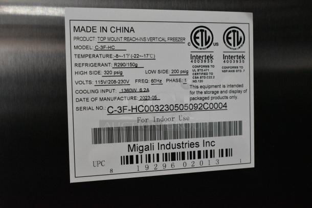 BRAND NEW SCRATCH AND DENT!  2023 Migali C-3F-HC Stainless Steel Commercial 3 Door Reach In Freezer w/ Poly Coated Racks on Commercial Casters. Serial  C-3F-HC003230505092C0004. 115 Volts, 1 Phase. Cannot Test Due To Plug Style - Image 8 of 8