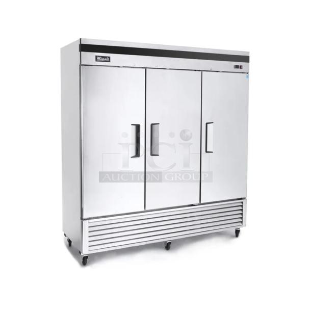BRAND NEW SCRATCH AND DENT! 2019 Migali C-3RB-HC Stainless Steel Commercial 3 Door Reach In Cooler w/ Poly Coated Racks on Commercial Casters. Serial C-3RB-HC00319100900920007. 115 Volts, 1 Phase. Tested and Working! - Image 1 of 9