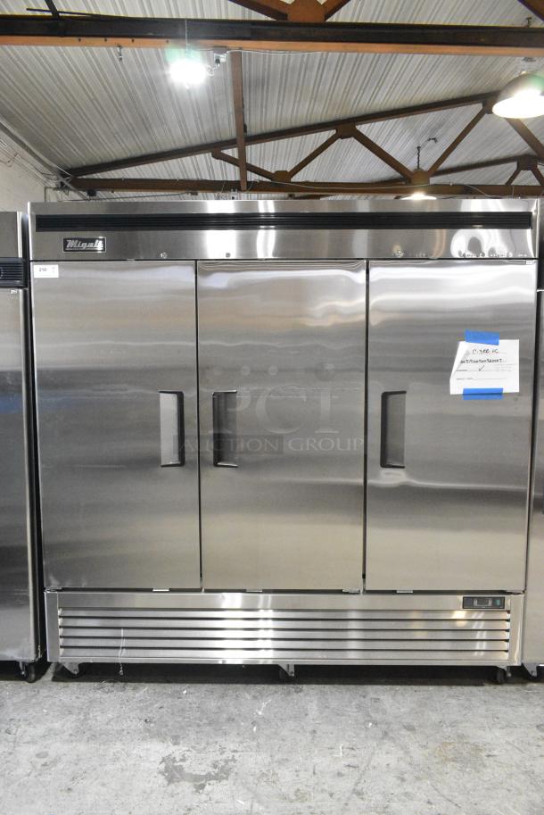 BRAND NEW SCRATCH AND DENT! 2019 Migali C-3RB-HC Stainless Steel Commercial 3 Door Reach In Cooler w/ Poly Coated Racks on Commercial Casters. Serial C-3RB-HC00319100900920007. 115 Volts, 1 Phase. Tested and Working! - Image 2 of 9