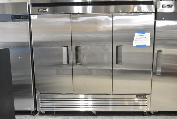 BRAND NEW SCRATCH AND DENT! 2019 Migali C-3RB-HC Stainless Steel Commercial 3 Door Reach In Cooler w/ Poly Coated Racks on Commercial Casters. Serial C-3RB-HC00319100900920007. 115 Volts, 1 Phase. Tested and Working! - Image 3 of 9