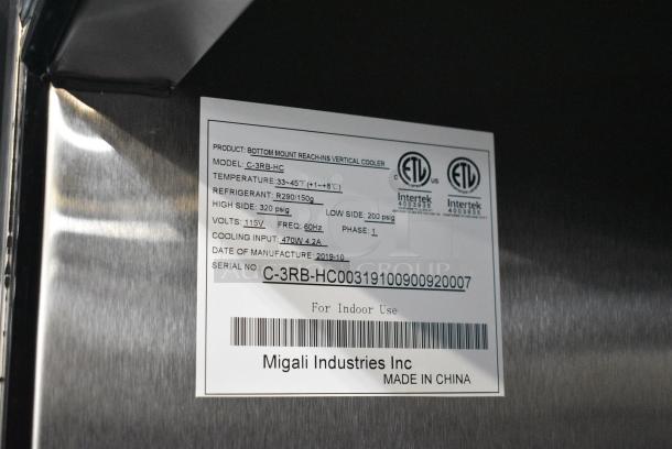 BRAND NEW SCRATCH AND DENT! 2019 Migali C-3RB-HC Stainless Steel Commercial 3 Door Reach In Cooler w/ Poly Coated Racks on Commercial Casters. Serial C-3RB-HC00319100900920007. 115 Volts, 1 Phase. Tested and Working! - Image 9 of 9