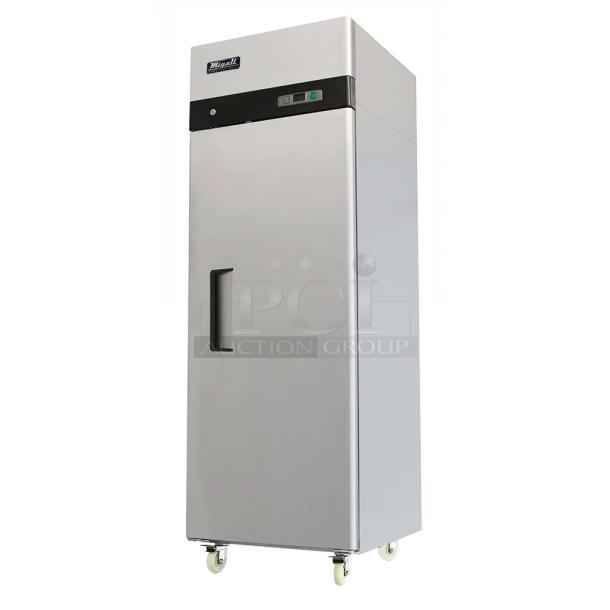 BRAND NEW SCRATCH AND DENT! 2023 Migali C-1F-HC Stainless Steel Commercial Single Door Reach In Freezer w/ Poly Coated Racks on Commercial Casters. Serial C-1F-HC003230623092C0023. 115 Volts, 1 Phase. Tested and Working! - Image 1 of 6