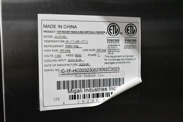 BRAND NEW SCRATCH AND DENT! 2023 Migali C-1F-HC Stainless Steel Commercial Single Door Reach In Freezer w/ Poly Coated Racks on Commercial Casters. Serial C-1F-HC003230623092C0023. 115 Volts, 1 Phase. Tested and Working! - Image 6 of 6