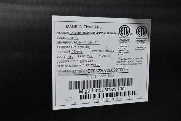 BRAND NEW SCRATCH AND DENT!  2023 Migali C-1F-HC Stainless Steel Commercial Single Door Reach In Freezer w/ Poly Coated Racks on Commercial Casters. Serial C-1F-HCT03230726092T0008. 115 Volts, 1 Phase. Tested and Working! - Image 6 of 6