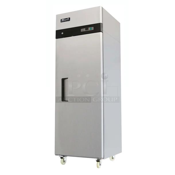 BRAND NEW SCRATCH AND DENT!  2018 Migali C-1R-HC Stainless Steel Commercial Single Door Reach In Freezer w/ Poly Coated Racks on Commercial Casters. Serial C-1R-HC00318071000920006. 115 Volts, 1 Phase. Tested and Working! - Image 1 of 6