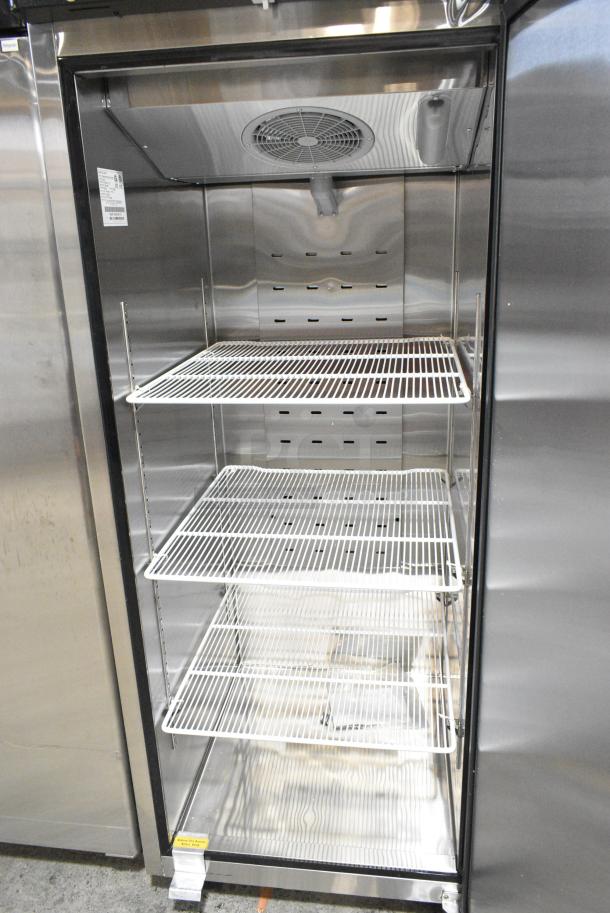 BRAND NEW SCRATCH AND DENT!  2018 Migali C-1R-HC Stainless Steel Commercial Single Door Reach In Freezer w/ Poly Coated Racks on Commercial Casters. Serial C-1R-HC00318071000920006. 115 Volts, 1 Phase. Tested and Working! - Image 5 of 6