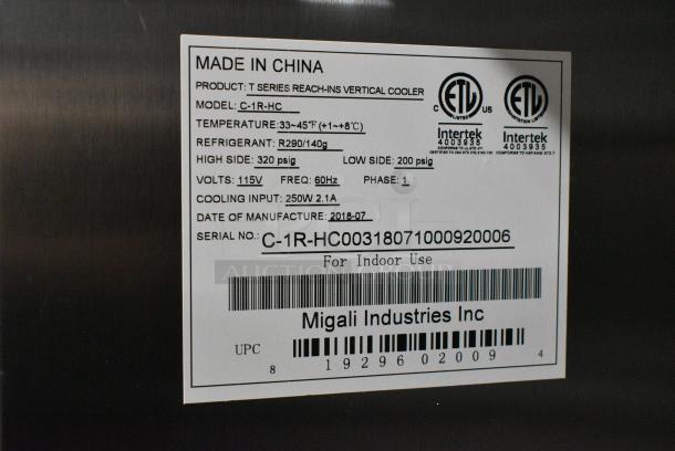 BRAND NEW SCRATCH AND DENT!  2018 Migali C-1R-HC Stainless Steel Commercial Single Door Reach In Freezer w/ Poly Coated Racks on Commercial Casters. Serial C-1R-HC00318071000920006. 115 Volts, 1 Phase. Tested and Working! - Image 6 of 6