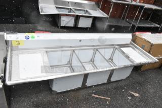 BRAND NEW SCRATCH AND DENT! Steelton 522CS31620LR Stainless Steel 3 Bay Sink w/ Dual Drain Boards. No Legs. Bays 16x20x12. Drain Boards 16x22
